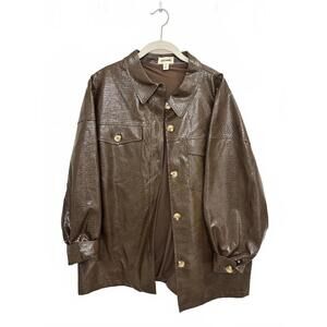 Brown Faux Leather Croc-Embossed Shirt Jacket - XL